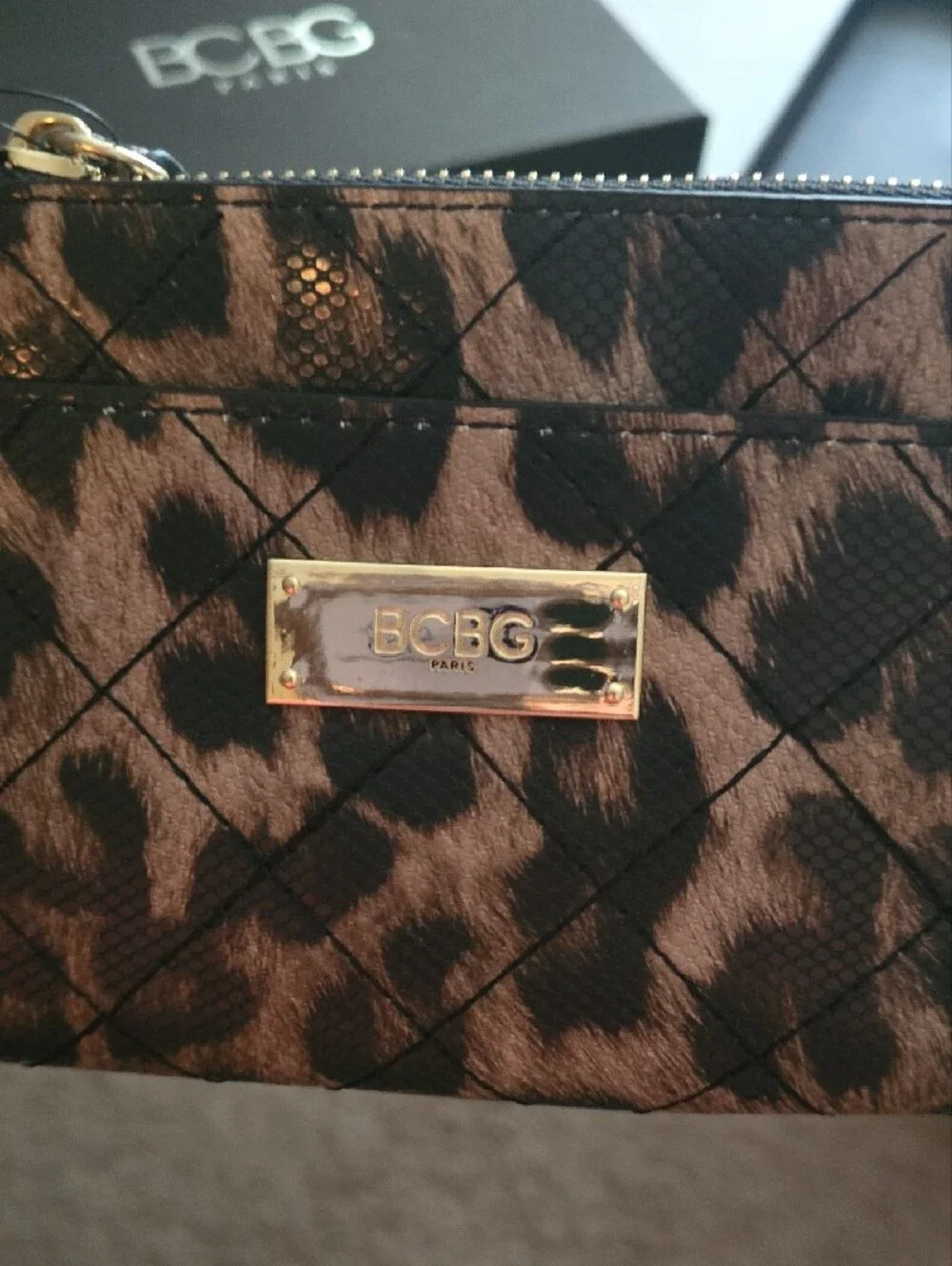 BCBG Leopard-Print Quilted Wristlet - Brown/Black with Gold Logo
